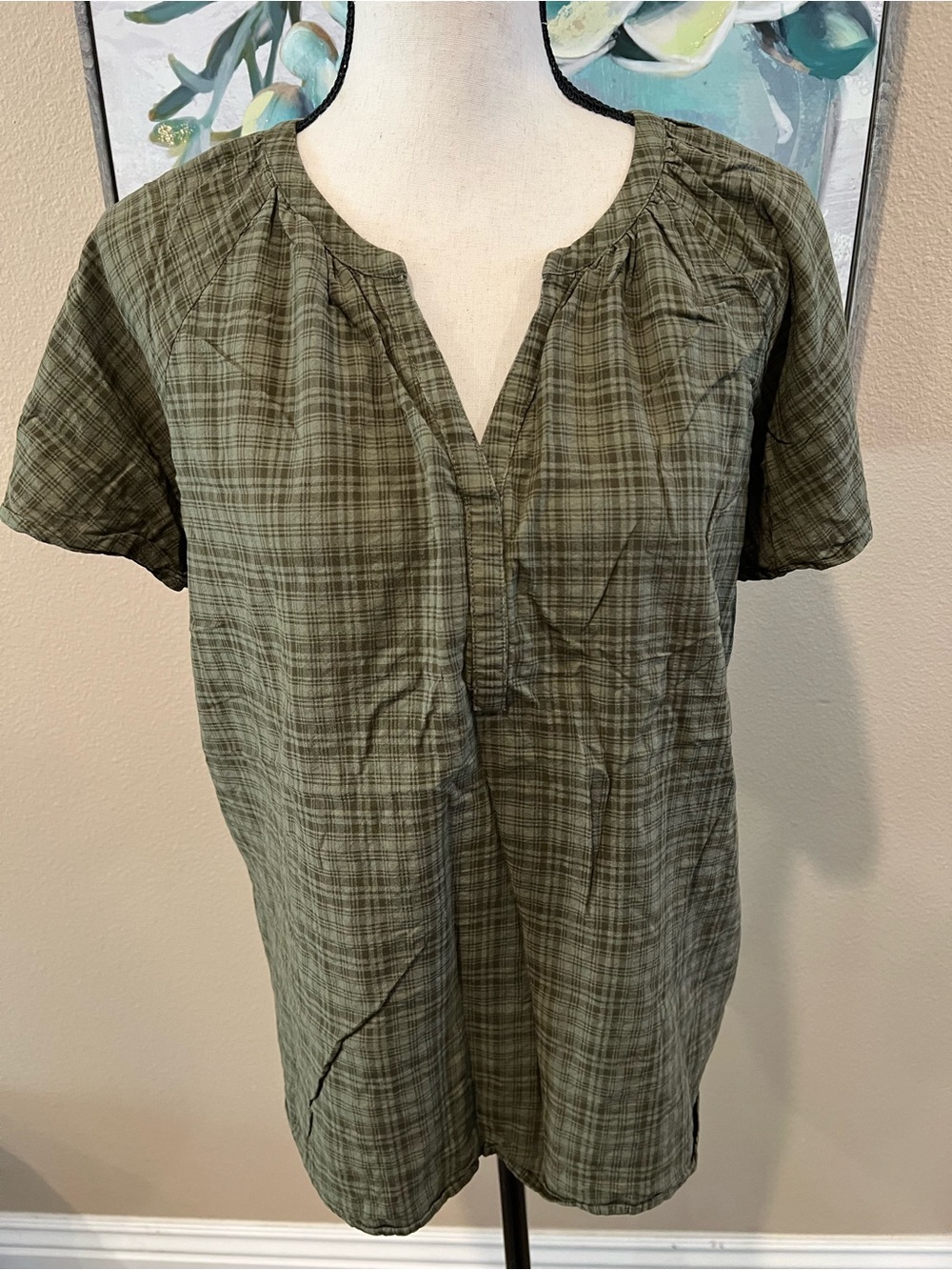 Sonoma Olive Green Plaid Short-Sleeve Tunic